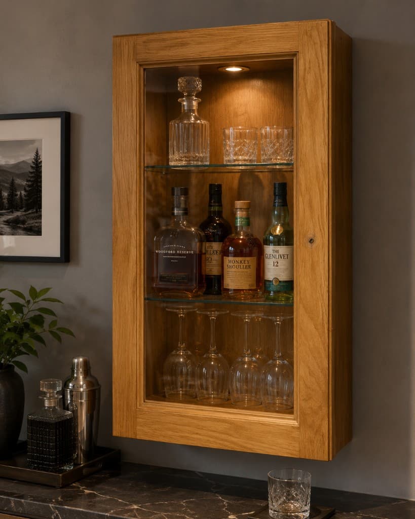 Wall-mounted glass display cabinet with interior lighting