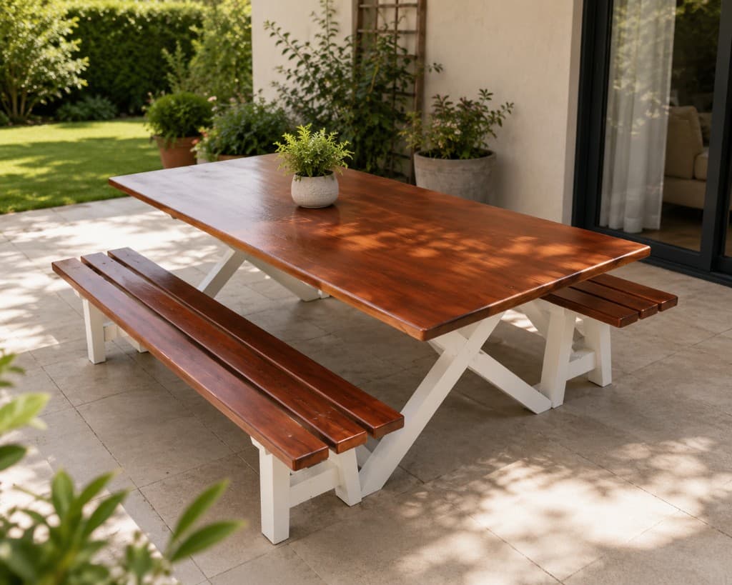 Custom farmhouse dining table with benches on a patio