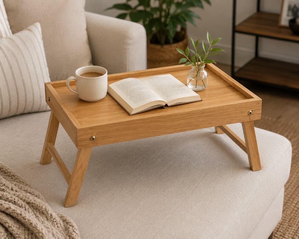 Handcrafted wooden serving tray with foldable legs